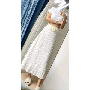 New Zara EMBROIDERED EYELET MIDI SKIRT 3424/503 High Waist Tonal Belt White S